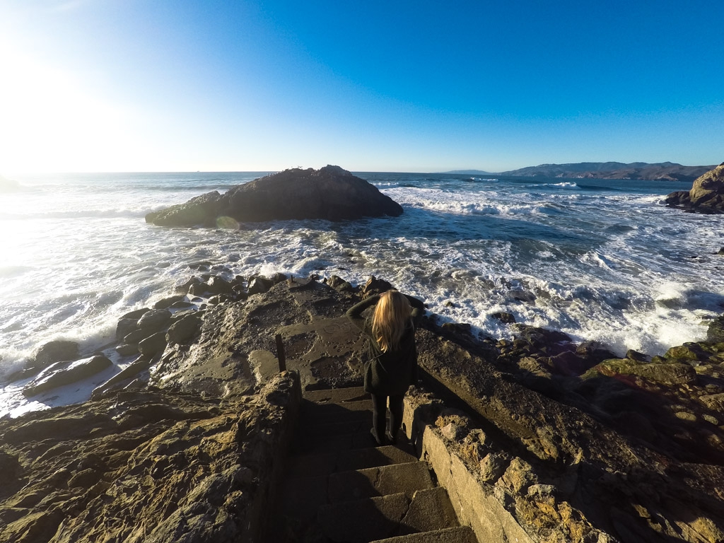 Ruins of Sutro Baths next to the ocean. 
