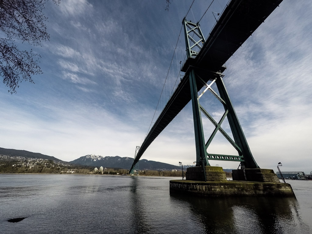 Lions Gate Bridge from Stanley Park Seawall in Vancouver. 