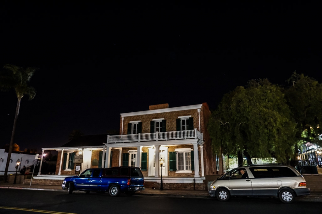 Outside of the haunted Whaley House at night. 