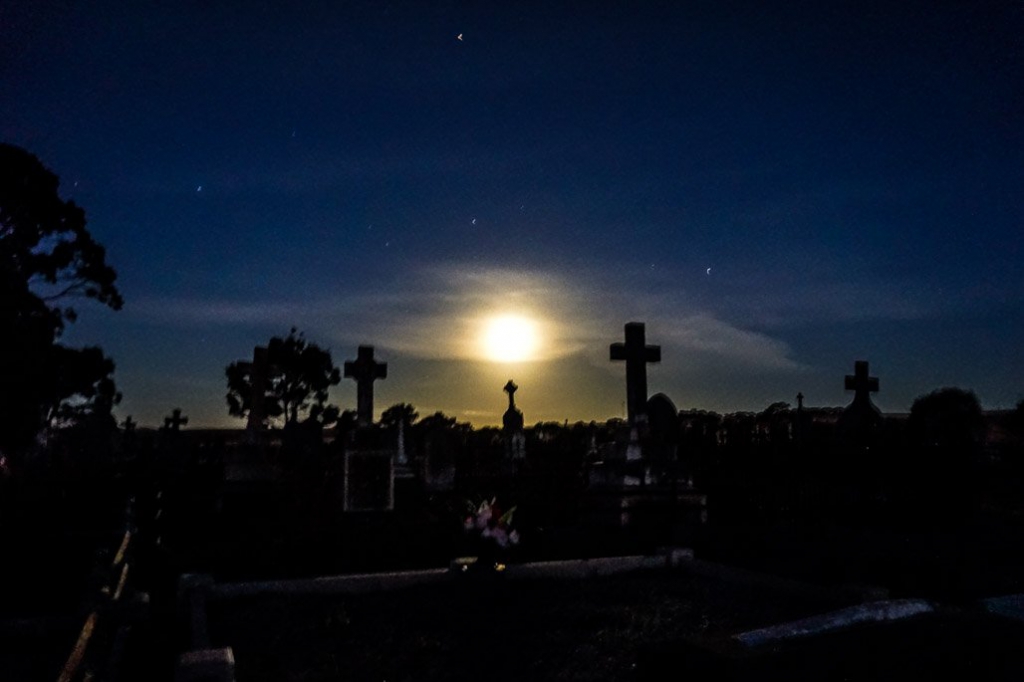 Moon over Kapunda's spooky St. Johns Cemetery. 