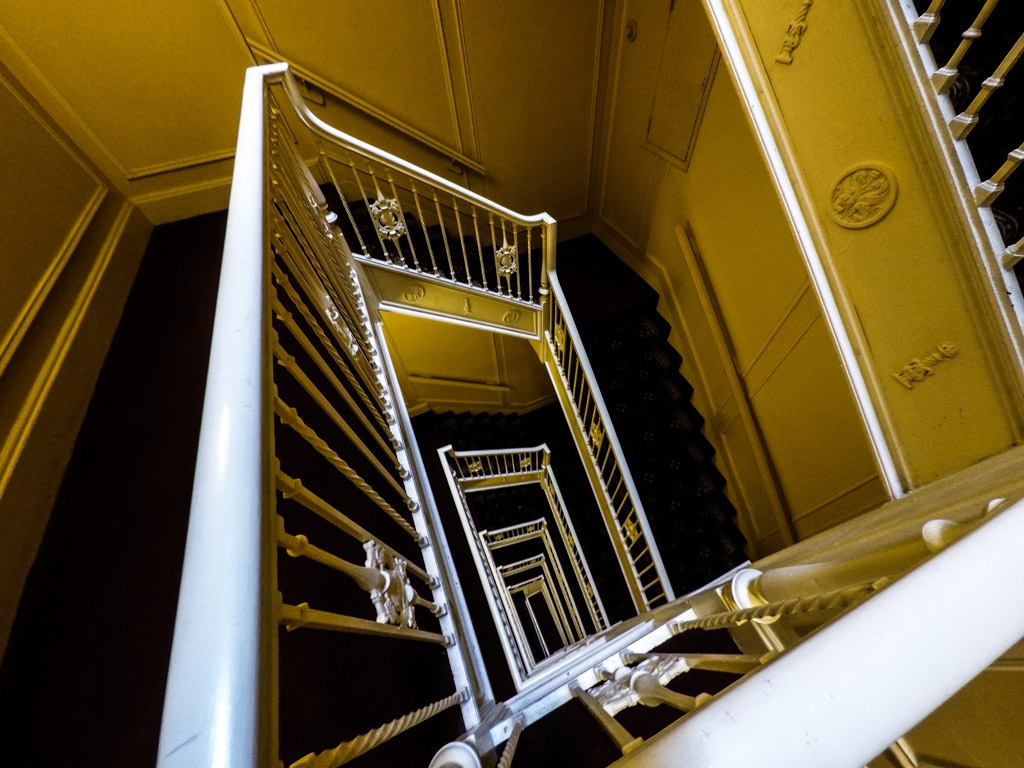 Stairwell inside a haunted hotel. 