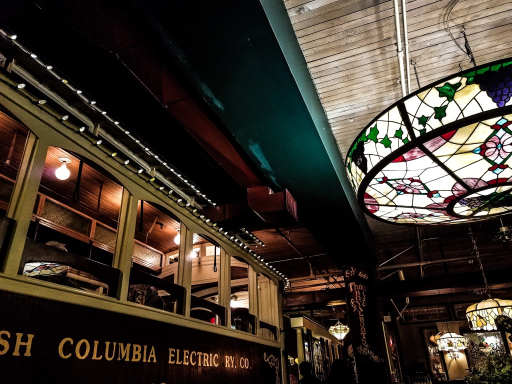 Inside the restaurant of the Old Spaghetti Factory. 