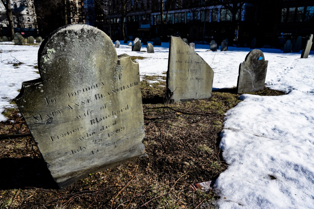 Tombstone inside Central Burying Ground Boston. 