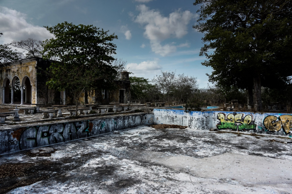Empty, abandoned swimming pool at ghost town in Mexico. 