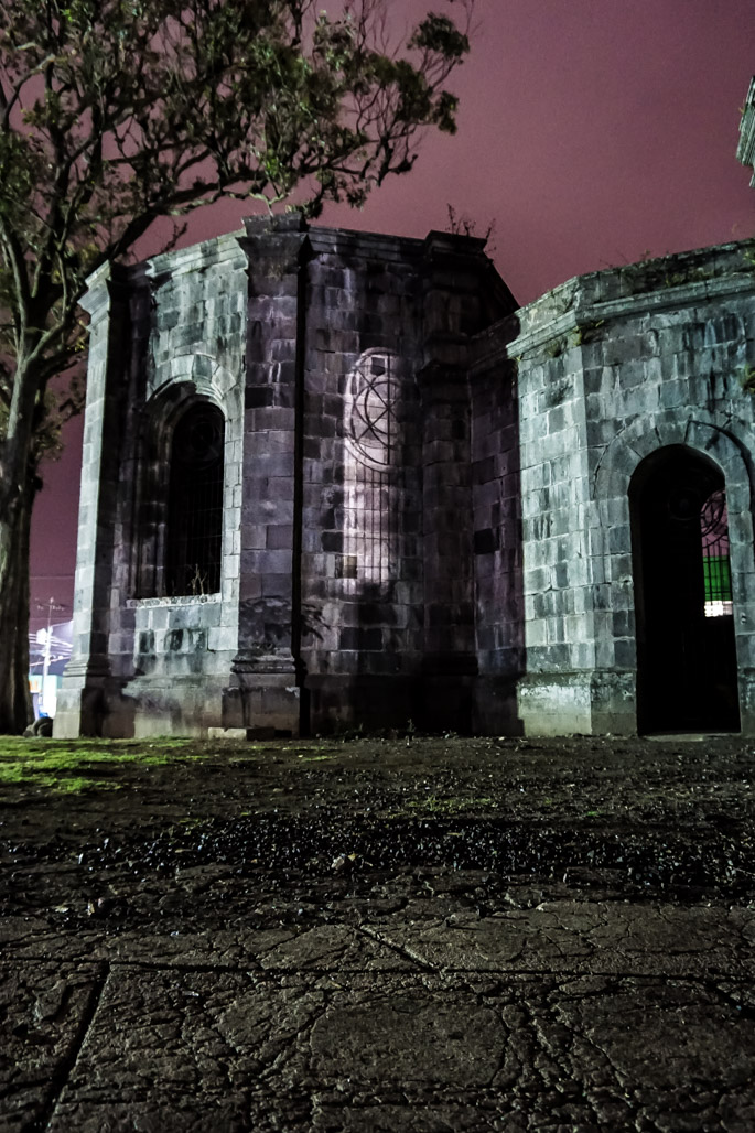 Haunted church ruins in Cartago at night. 