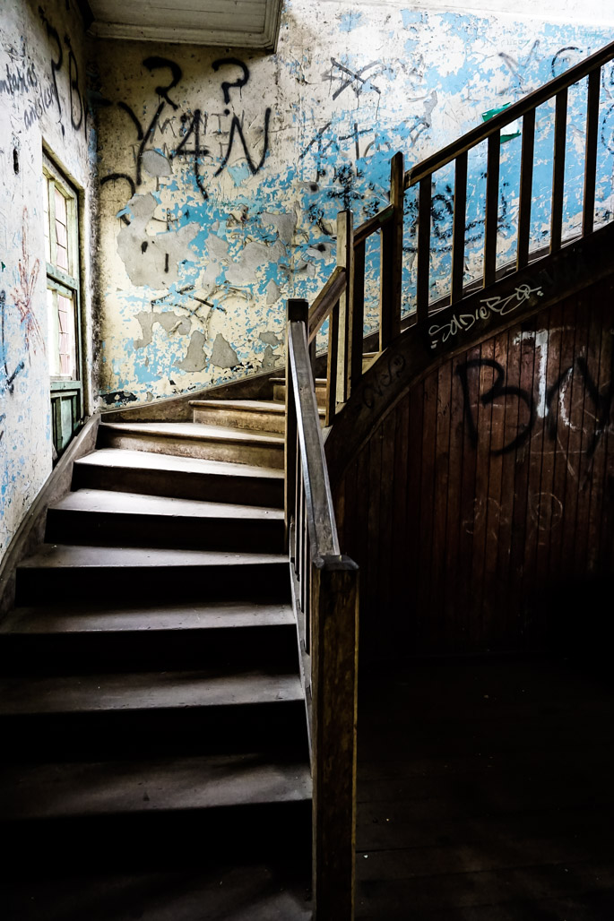 Staircase in the abandoned Duran Sanatorium. 