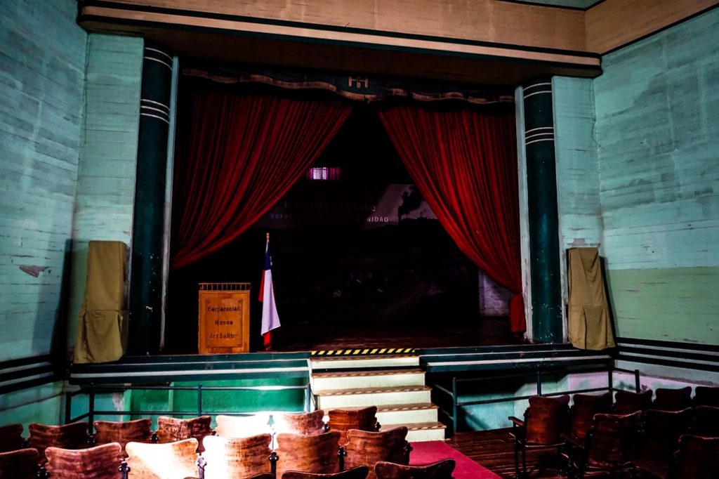 Haunted theater inside Chilean ghost town, Humberstone. 
