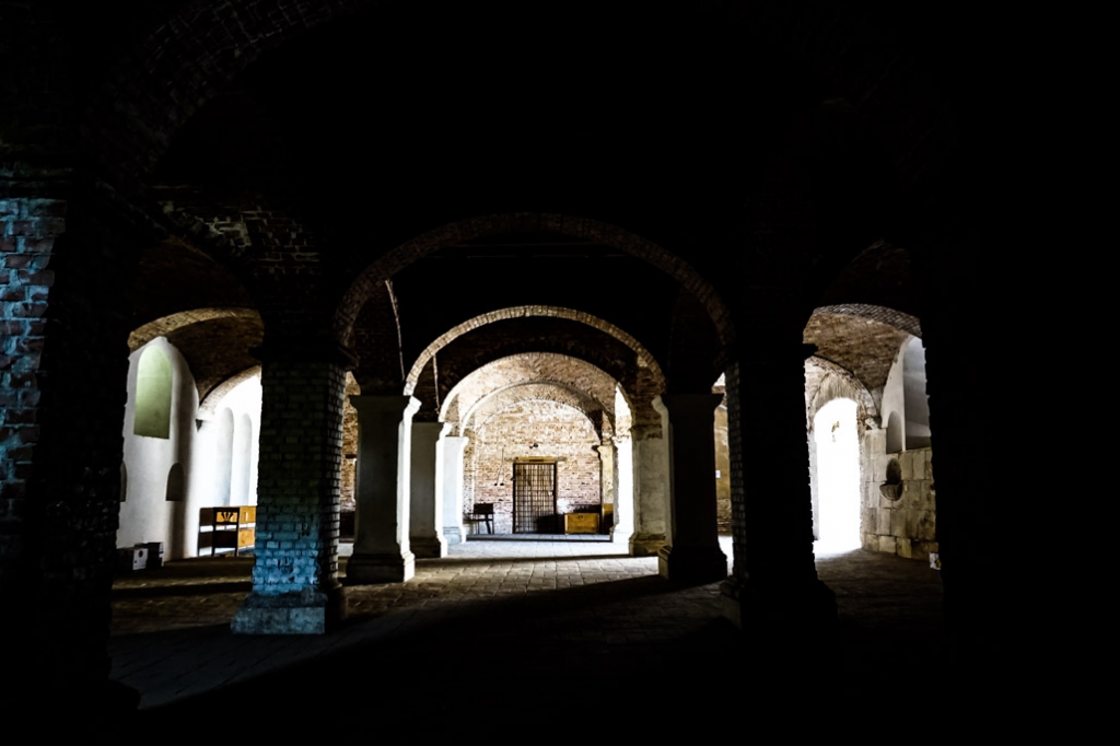 Room of arches in haunted castle. 
