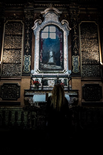 Milan crypt with human bones on display. 