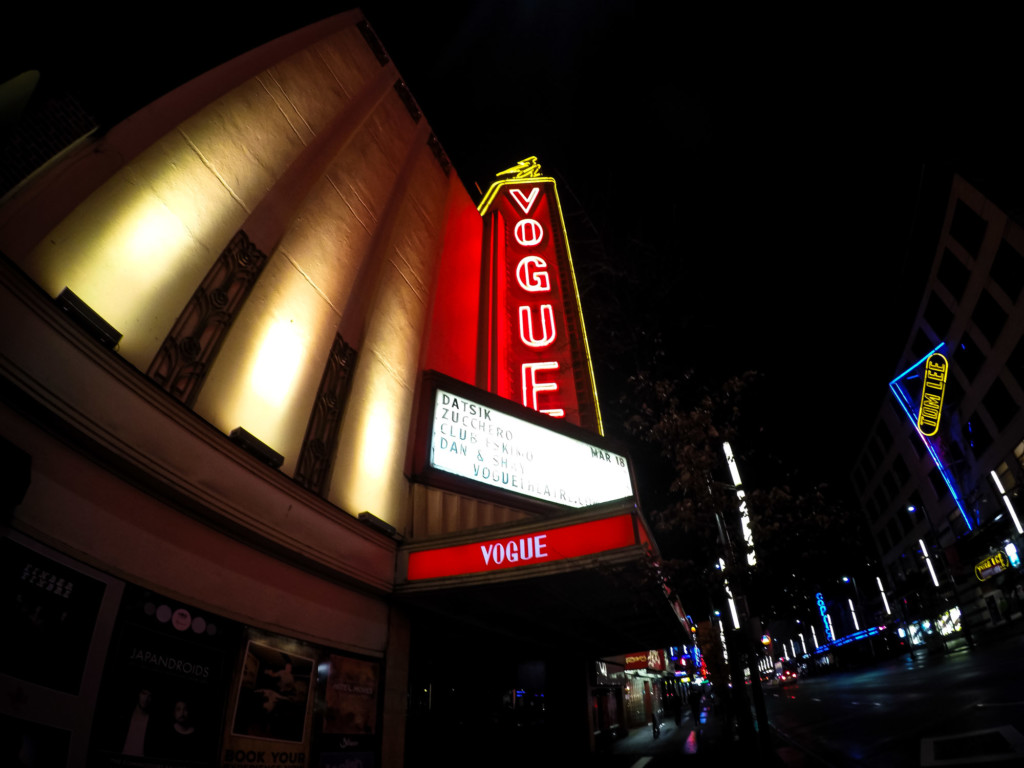 Marquee of the haunted Vogue Theater in Vancouver. 