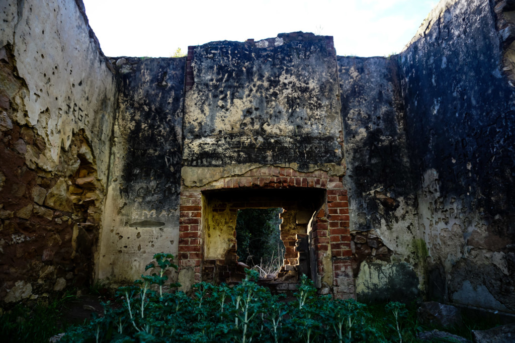 Old fireplace in ruin. 