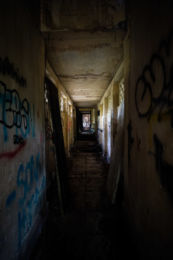 Dark hallways in the ruin of the mansion. 